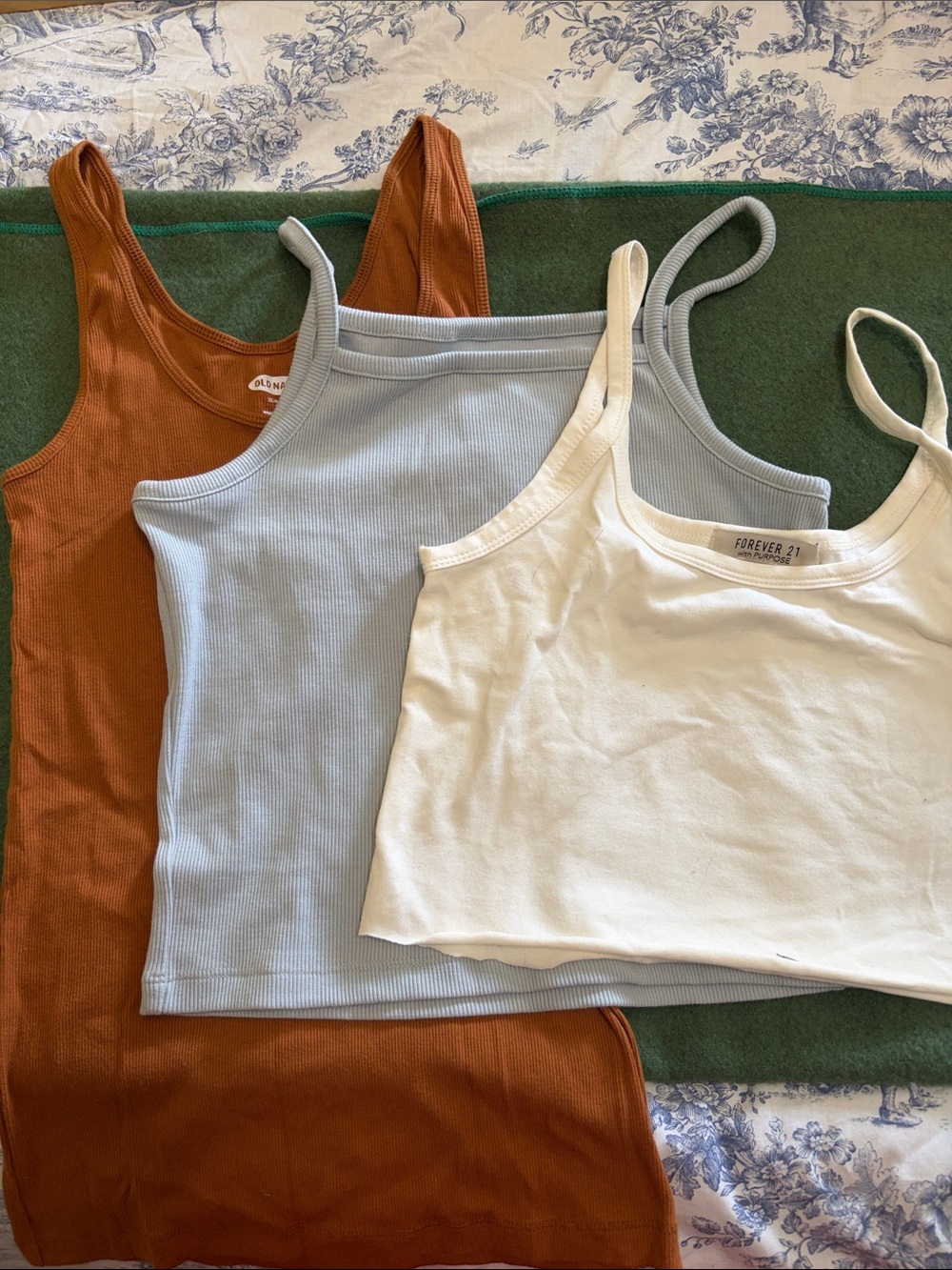 Three tops:Forever 21 White, unbranded Light Blue & OldNavy Rust Ribbed Tank